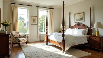 Sunlight streams into a luxurious bedroom with a four-poster bed and floral armchair