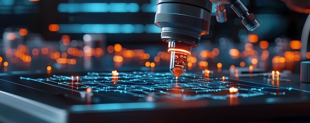 Futuristic 3D molecular structure analysis and visualization in a glowing high tech laboratory environment