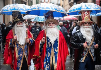 Fototapeta premium Individuals dressed in colorful traditional costumes participate in a lively parade while carrying umbrellas to protect against rain, creating a vibrant atmosphere