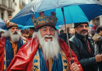 A joyful man dressed in colorful royal garments walks with an umbrella during a lively parade, surrounded by enthusiastic participants and onlookers celebrating a festive occasion