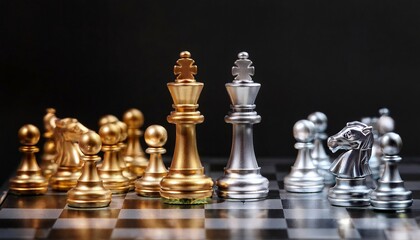 Gold and silver chess kings face off their armies poised for battle