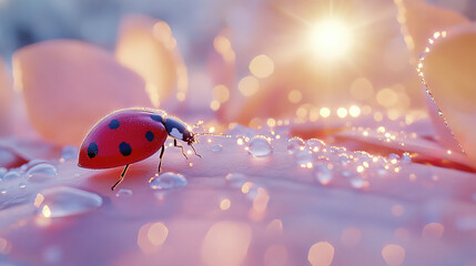 Fototapeta premium Crawling ladybug on dew coated leaf, sparkling in sunlight