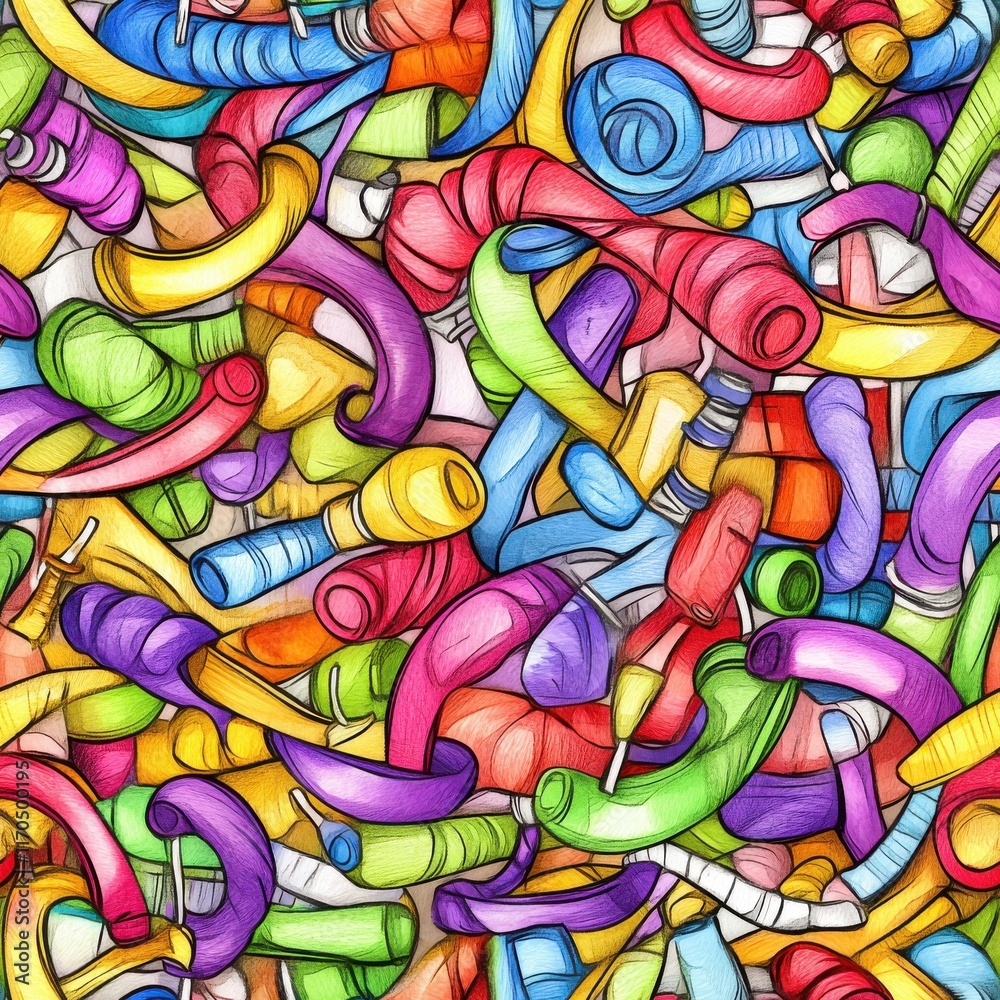 Poster intricate doodle cartoon drawings in vibrant colors showcasing a dynamic assortment of shapes and pa