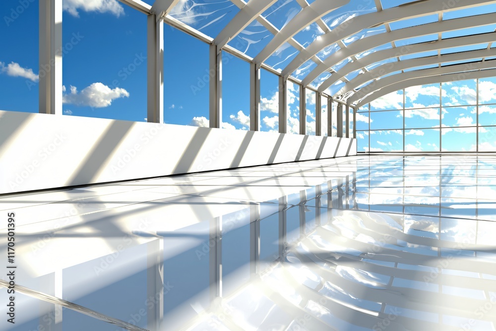 Poster bright and modern indoor space with large windows and reflections on a glossy floor