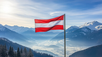 Austrian Flag Waving Proudly Against the Majestic Backdrop of Snow-Capped Mountains and a Serene Valley in Winter