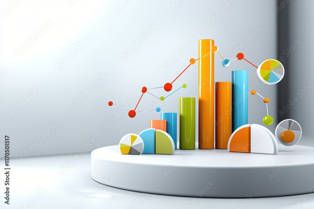 Fototapete Colorful Graphical Representation of Data with Charts and Bars on a Simple Background