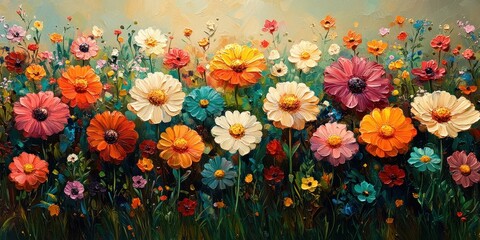 Bright Green Grass Field with Colorful Daisies and Floral Garden View