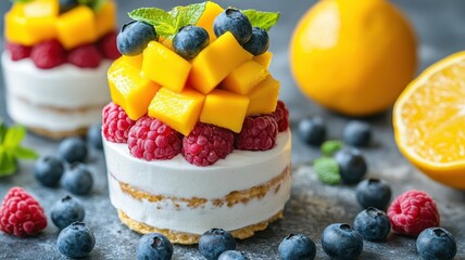 Delicious summer breakfast yogurt parfait with fresh fruits kitchen table food photography bright lighting healthy eating