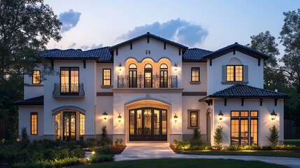 Luxury Home Front Radiates Warmth and Elegance During Dusk