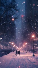 Obraz premium A couple walking through a snowy street at night, surrounded by soft, glowing lights.