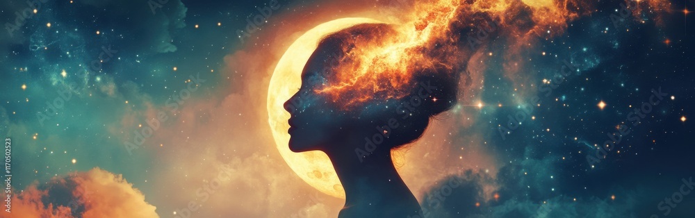 Poster surreal representation of a glowing woman with cosmic elements under a vibrant celestial backdrop