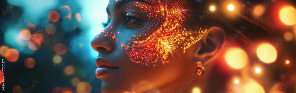 Aufkleber surreal portrait showcasing a woman's face with vibrant patterns and glowing lights in a dreamlike a