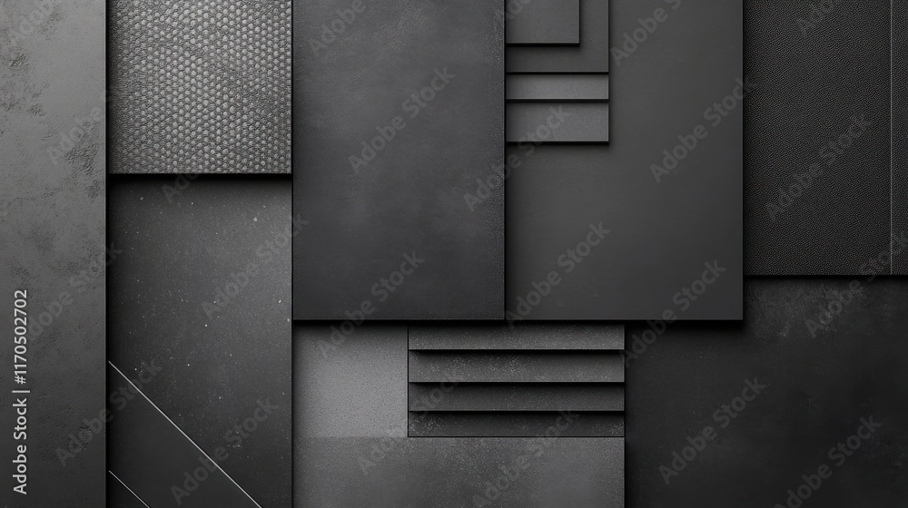 Poster sleek monochrome design featuring panels in various textures and shades, creating a modern aesthetic