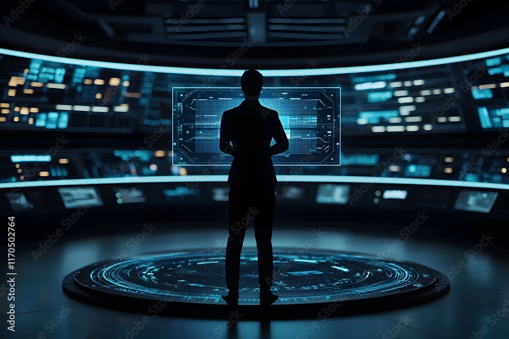 Poster cybersecurity analyst monitoring futuristic holographic threat data on an advanced digital defense i