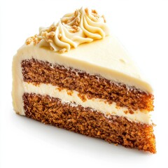 Delicious piece of carrot cake with creamy frosting presented on a white background