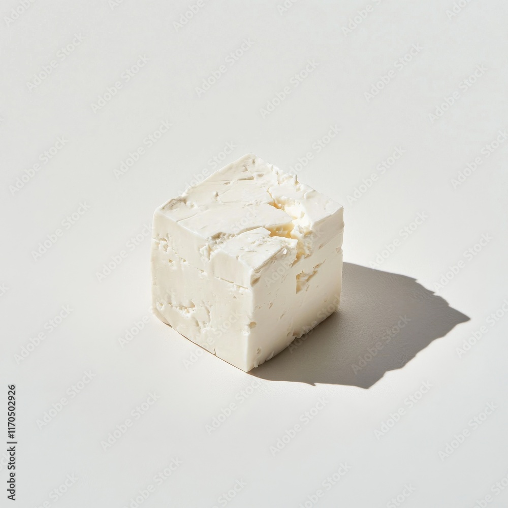 Poster Feta cheese cube with a crumbly texture placed on a light background
