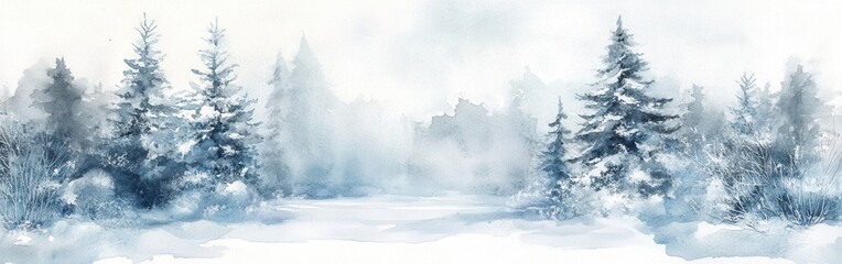 Wintery watercolor background blending soft hues of blue and white with snow-covered trees creating a tranquil atmosphere © vadosloginov
