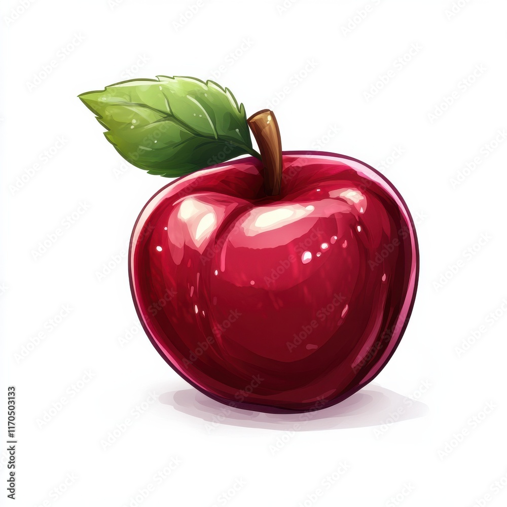 Poster shiny red apple with green leaf resting on a white background, showcasing its vibrant color and fres