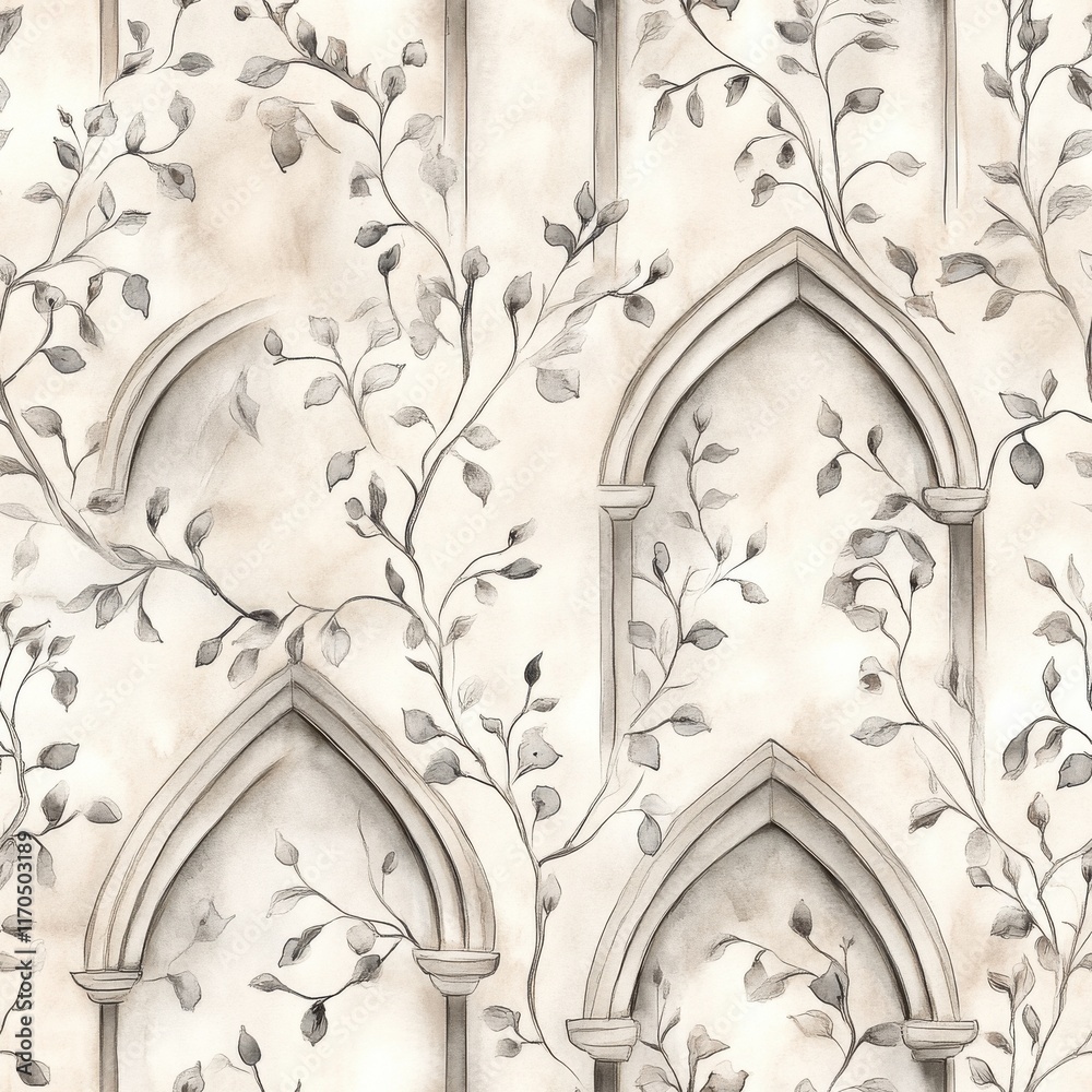 Poster Serene watercolor doodle of leafy vines in architectural patterns on a soft background
