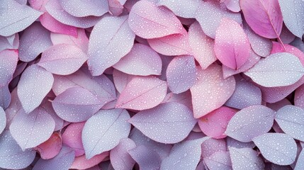 Obraz premium Dew-covered Leaves in Soft Pastel Hues at Dawn - A Tranquil Nature Scene