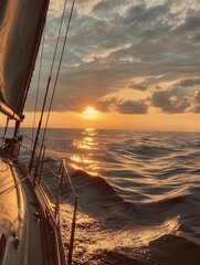 person on a sailboat, gently sailing toward the horizon to witness a breathtaking sunset over the calm sea,