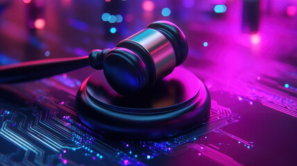 Dynamic gavel with holographic effects in digital courtroom modern technology vibrant led environment