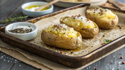 Fototapeta premium Rustic baked potatoes garnished with creamy toppings on a well-worn baking sheet ready for a delicious meal
