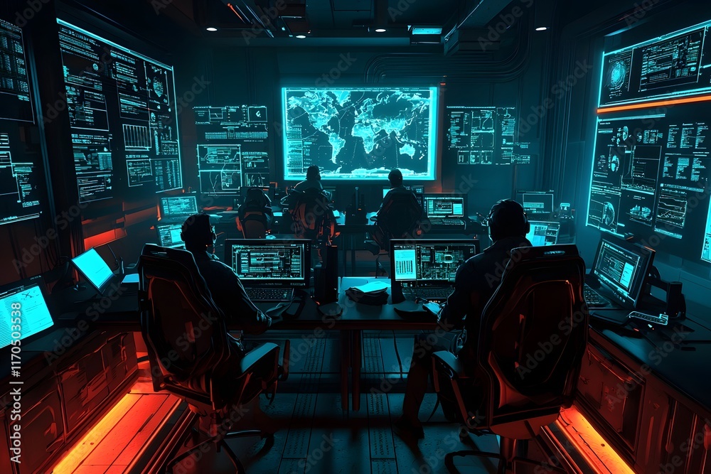 Poster holographic cyber attack map displayed in an advanced control room with an incident response team wo