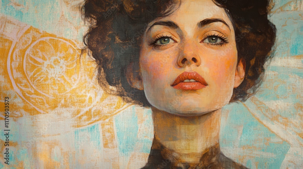 Poster serene portrait of a woman's glowing face with soft features and intricate background details