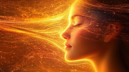 Serene expression of a woman with flowing light patterns radiating warmth and tranquility during dusk in an ethereal setting