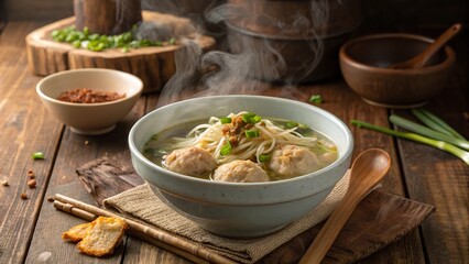 Savory bakso served in a rustic bowl amidst the warm ambiance of a cozy wooden table setting