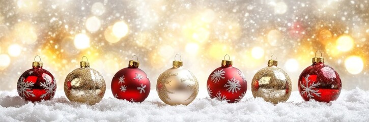 Six Red and Gold Christmas Ornaments in Snow, Festive Background, Holiday Decor, Winter Wonderland Christmas Ornaments, Holiday Decorations
