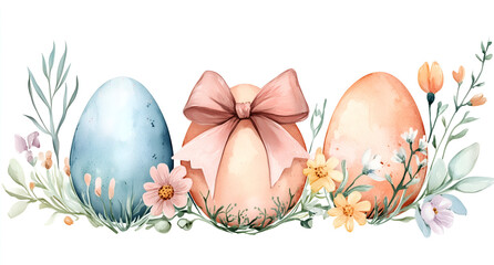 Easter eggs with delicate pastel floral patterns, surrounded by spring flowers and daisies, a watercolor clipart
