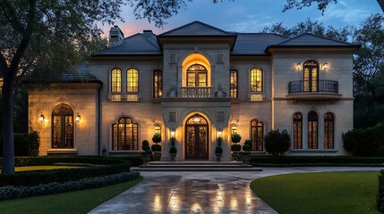 Modern Mansion Front Glowing with Elegance During Evening Hours