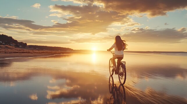 Woman Rides Bicycle at Sunset on Beach