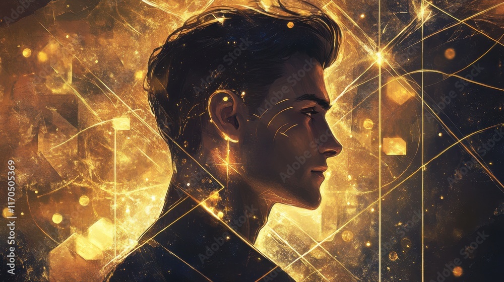 Aufkleber mystical profile of a man illuminated by golden light and cosmic patterns