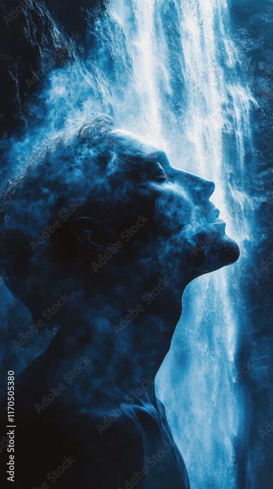 Aufkleber mystical profile of a man surrounded by flowing water and ethereal light in a serene natural setting