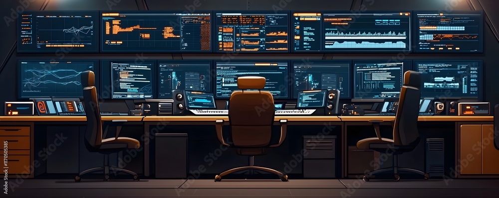 Poster cybersecurity control room with glowing incident response tools and dynamic team defense interface f