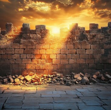 Collapse of Jericho Walls Ancient Ruins at Sunset Golden Light Textured Stone Beauty and Decay
