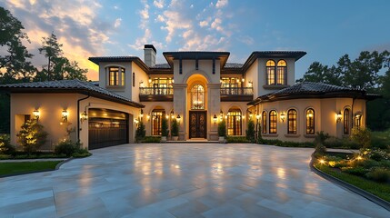 Modern Mansion Front Glowing with Elegance During Evening Hours