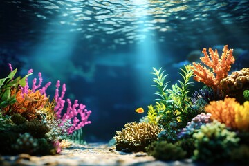 Fototapeta premium Vibrant Underwater Scene with Coral, Colorful Fishes, and Sunlight Filtering Through Water
