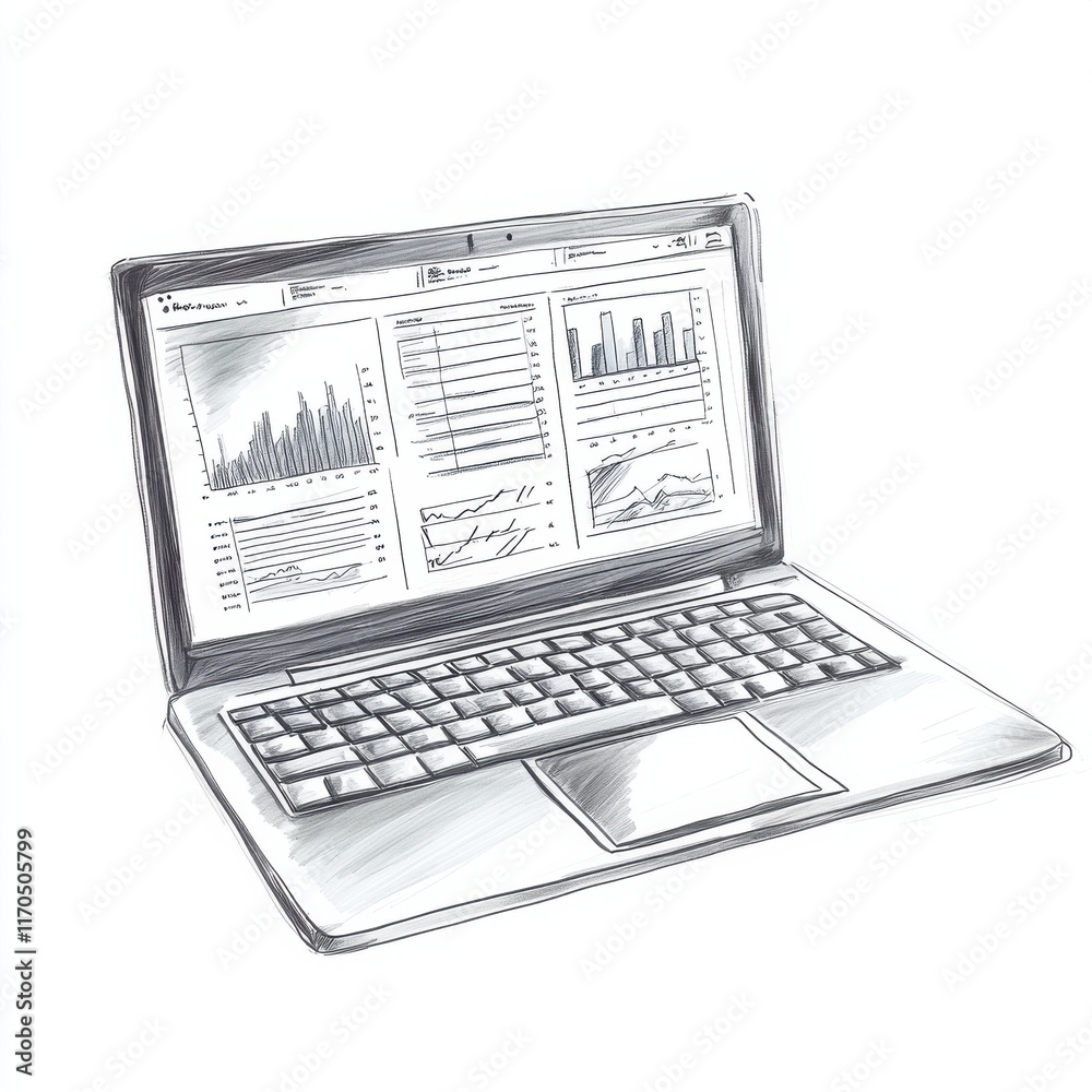 Poster laptop displaying spreadsheets with detailed graphs and data at a workspace during daytime