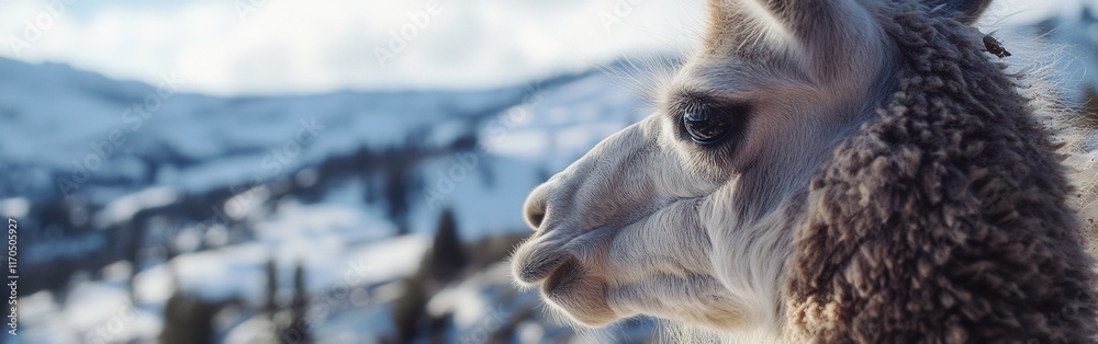 Poster Capturing the serene expression of a llama against a snowy mountainous backdrop in daylight