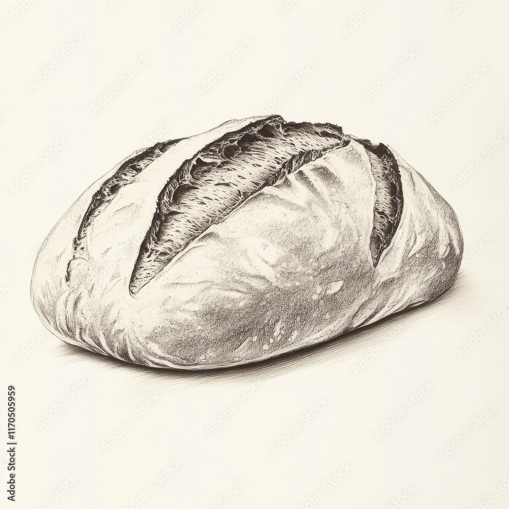 Poster Loaf of artisan bread with detailed texture and distinct scoring placed on a neutral backdrop