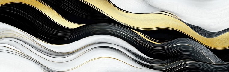 Obraz premium High-contrast wave pattern in black and white with golden accents for modern decoration in interior spaces