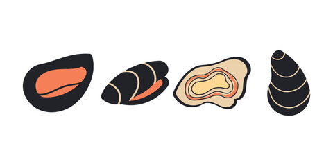 mussels vector illustration isolated on a white background , sea food ,asian food italian or spanish . Hand drawn illustration .