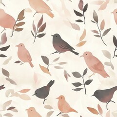 Gentle watercolor doodle design featuring birds and leaves on a soft pastel background for decor and crafts