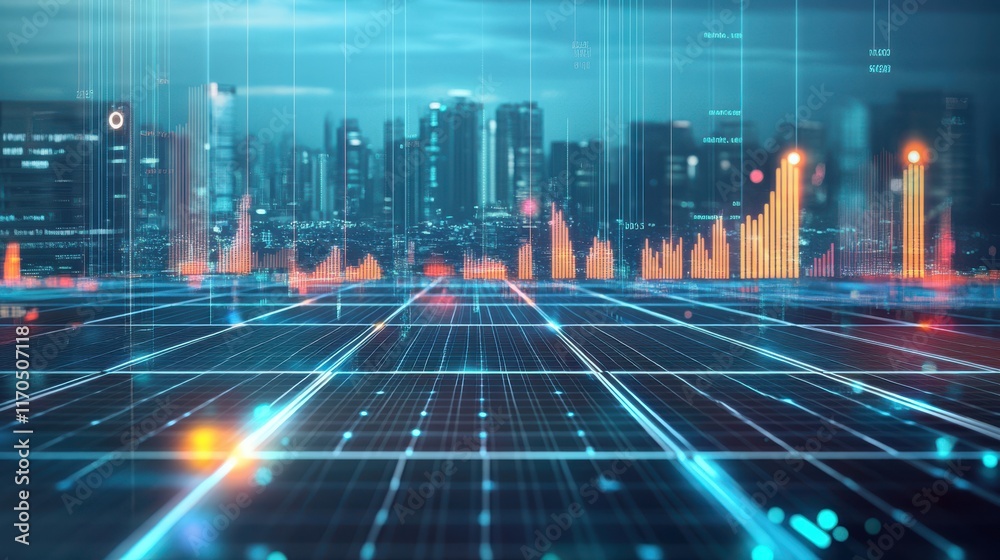Leinwandbilder glowing dynamic double exposure of a futuristic cityscape with data visualization elements at night