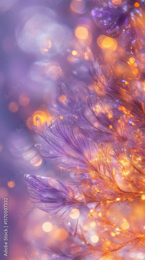 Poster dreamy abstract background features soft purple hues and golden bokeh, creating a whimsical atmosphe