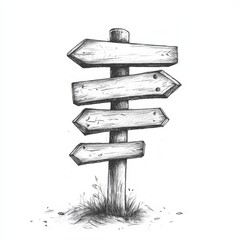 Directional signpost pointing to meeting locations in a serene outdoor setting with grass and simple wooden design © vadosloginov